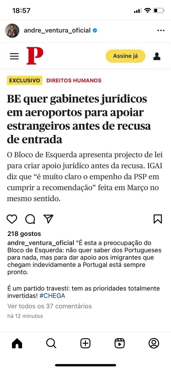 É esta a preocupação do Bloco de Esquerda: não quer saber dos Portugueses para nada, mas para dar apoio aos imigrantes que chegam indevidamente a Portugal está sempre pronto. É um partido travesti: tem as prioridades totalmente invertidas! #CHEGA