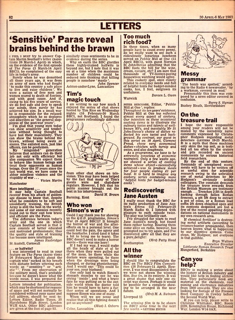 TV📺4/5/83 BBC1 
4.20:The All New Popeye Show 4.40:Cheggers Plays Pop 5.5:Newsround 5.10:The Story of the Treasure Seekers 5.40:News 6.25:Nationwide 6.50:Triangle 7.15:Wildlife on One 7.40:Open All Hours 9.0:Party Political Broadcast 9.5:News