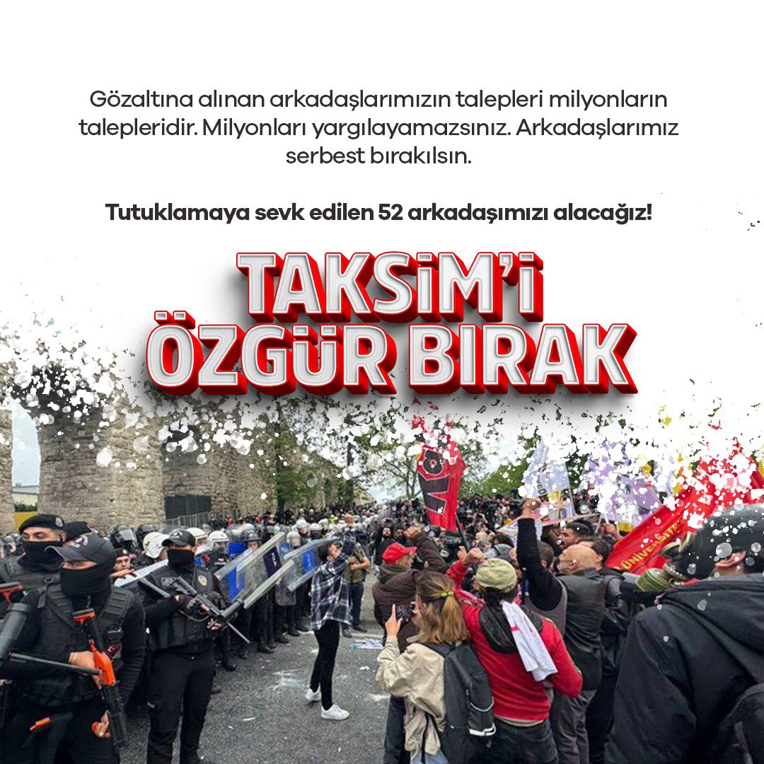 1 Mayıs’ın adresi Taksim Meydanı’dır. Baskılar, yasaklar, gözaltılar bu gerçeği değiştirmez! 

#TaksimiÖzgürBırak