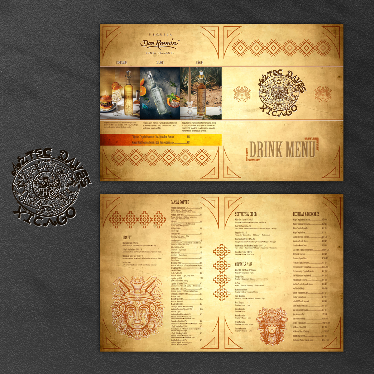 Aztec Dave's Xicago, E.U.
Drink Menu

#marcoyah #diseñografico #graphicdesign #corporateidentity #diseñoeditorial#logotipo #editorialdesign#construction #constuccion #merchandising #brandidentity #menudesign #menu