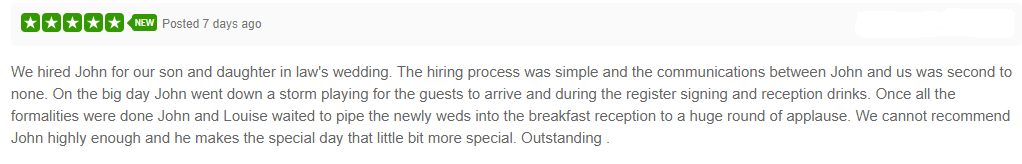 A 5* Freeindex Review by the Groom's parents, Gavin & Sandra, after Samuel & Courtney's Wedding @BedwelltyHouse last month.  Thank You :-)

#BagpiperSouthWales #Bagpipes #BlainaGwent #Oakdale #Newbridge #Caerphilly #Blackwood #Gwent #Monmouth #Abergavenny #EbbwVale #Brynmawr