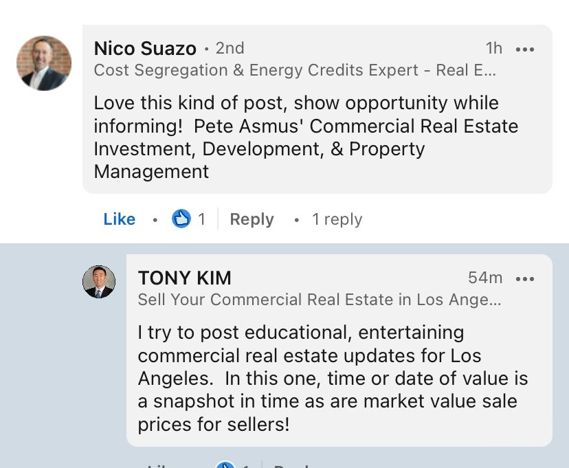 Nico: Love this kind of post, show opportunity while informing!  Pete Asmus' Commercial Real Estate Investment, Development, & Property Management

Tony Kim: I try to post educational, entertaining commercial real estate updates for Los Angeles.