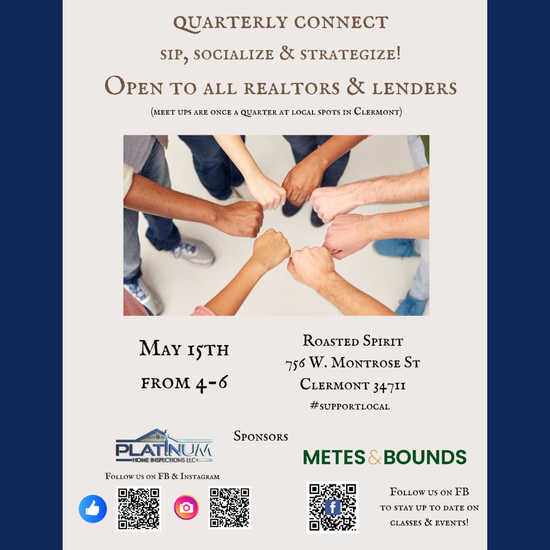 🥂 Calling all realtors and lenders! Don’t miss Platinum Home Inspections, LLC’s Quarterly Connect on May 15, 4-6 PM. Sip, socialize, and strategize with industry peers. Can't wait to see you there! 

#IndustryNetworking #PlatinumConnect #SocializeAndStrategize