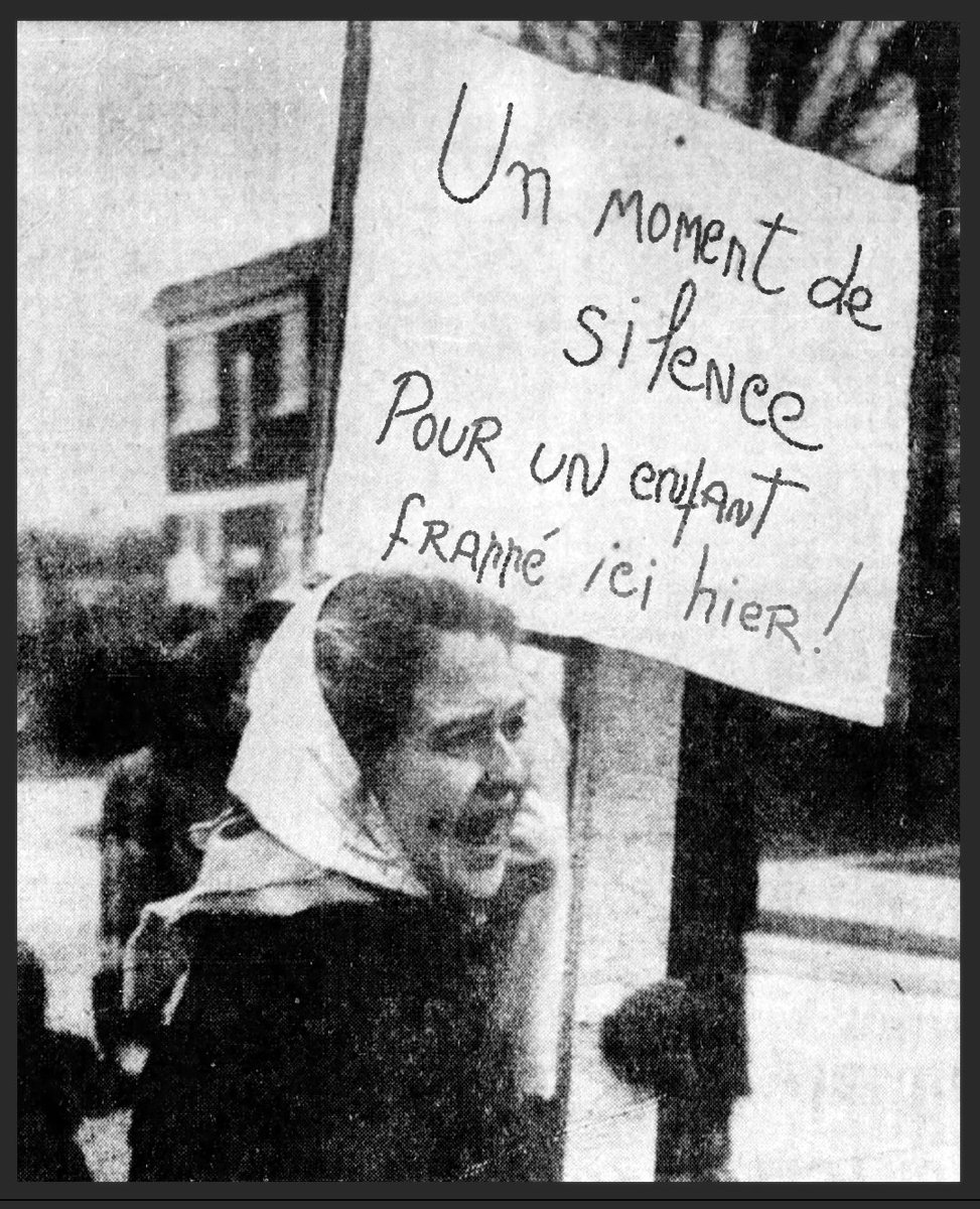 On November 10, 1960, Gordon Malone, age 6, was killed walking to school in Montreal’s Nouveau-Bordeaux neighborhood. The next day 20 women, with their children, blocked the street for one hour. This woman’s sign reads “a moment of silence for a child struck here yesterday.”