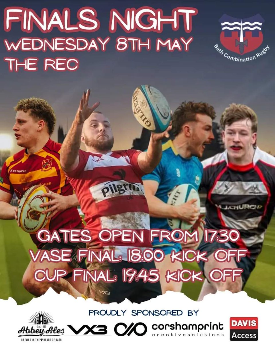 Let's get a bumper crowd at the home of @BathRugby for our @DavisAccess Combination Finals. Always a great night showcasing local rugby. @Oldfield_RFC v @CorshamRFC ko 18:00 @UOBathRugby v @ChippenhamRFC ko 19:45