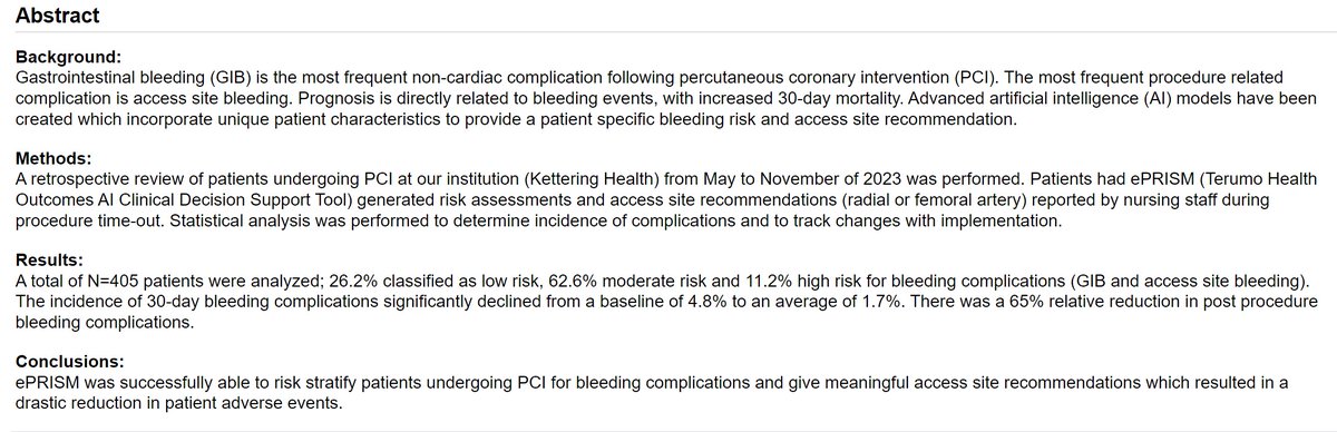 📑#QualityImprovement Featured Abstract at #SCAI2024:

💡Effects of #AI Clinical Decision Support Tools on Post-Procedure Bleeding Events in Patients Undergoing #PCI

➡️doi.org/10.1016/j.jsca… 

@KarleyFischerMD
@areddivari