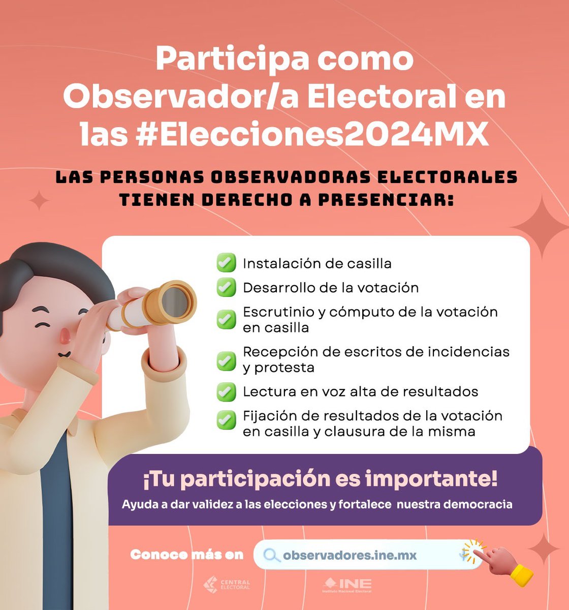🔍 El INE te invita a ser parte de las #Elecciones2024MX como observadora u observador electoral. Recuerda que tienes hasta el 7 de mayo para registrarte: observadores.ine.mx