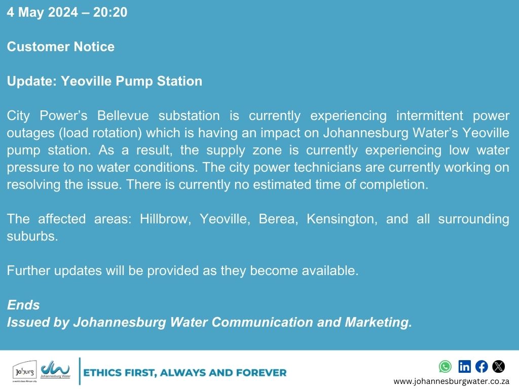 #JoburgUpdates 
#UpdateYeovillePumpStation ^BN