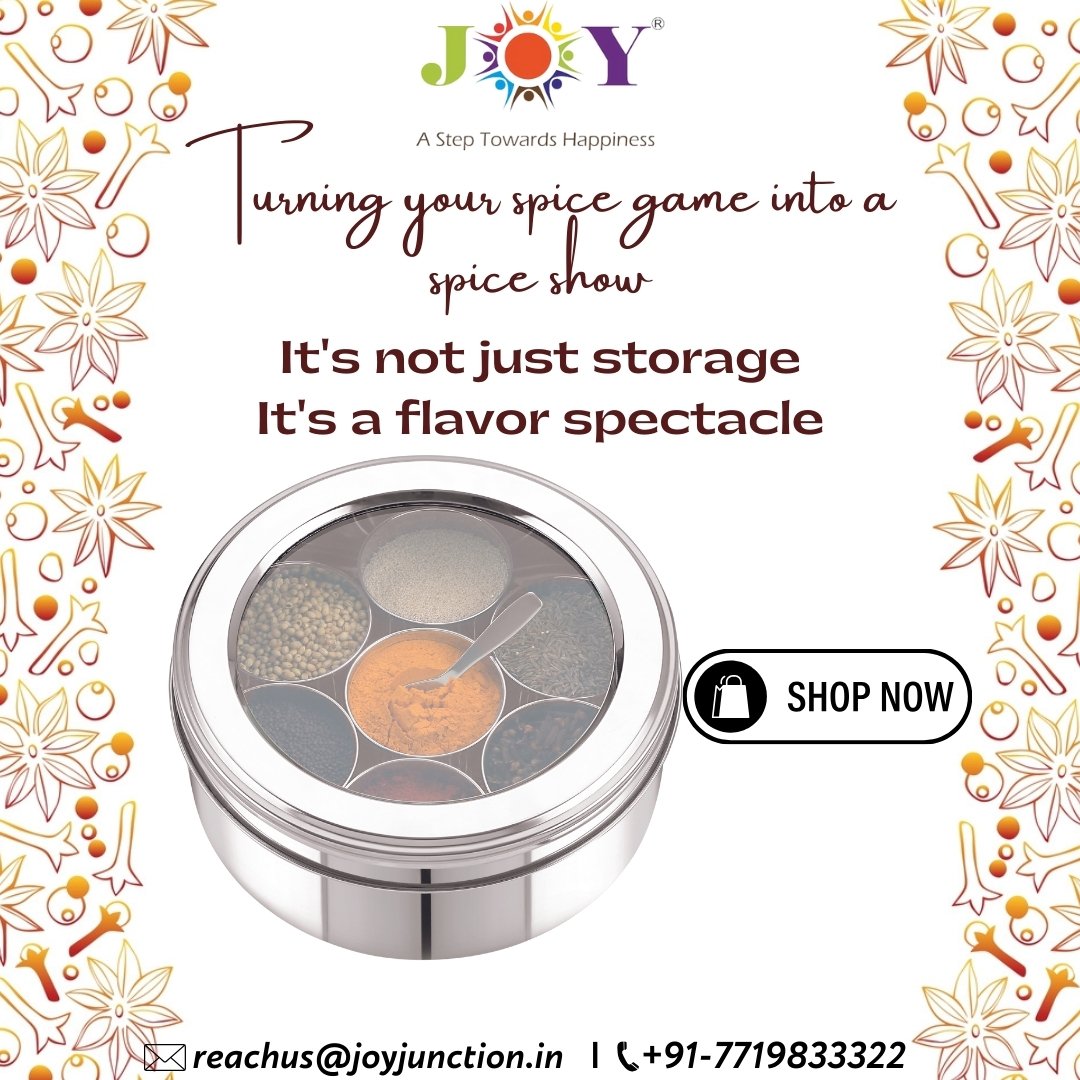 Organize Your Spices Effortlessly with the Masala Dabba!

#JoyJunction #MasalaDabba #SpiceBoxMagic #SpiceBox #spicestorage #spices #masalabox #freedelivery