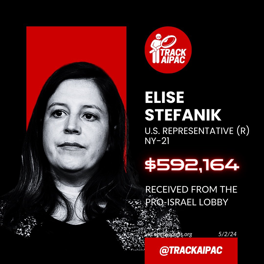 @EliseStefanik @BreitbartNews Elise Stefanik has received nearly $600,000 from AIPAC and the Israel lobby. She is paid to ensure Israel keeps getting billions of our tax dollars to fund genocide and to push legislation that CRIMINALIZES criticism of Israel. Elise Stefanik is a traitor to American Democracy.
