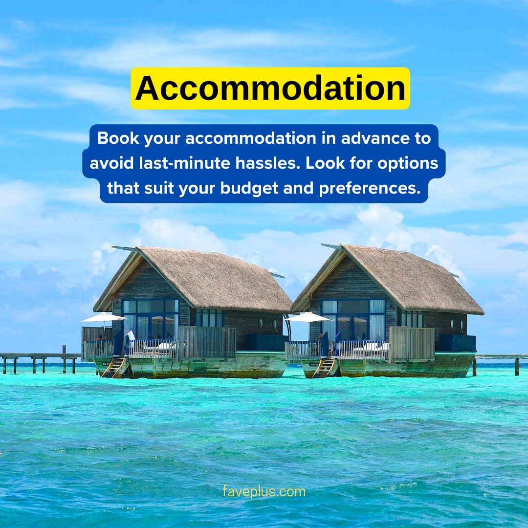 Home Away from Home: Secure your perfect sanctuary in advance. From budget-friendly hostels to luxurious resorts, book your accommodation hassle-free. 🏘️

#travelguide #travelerslife #traveltips #accommodation #hostels #resorts #travellovers #instatravel #beprepared #faveplus