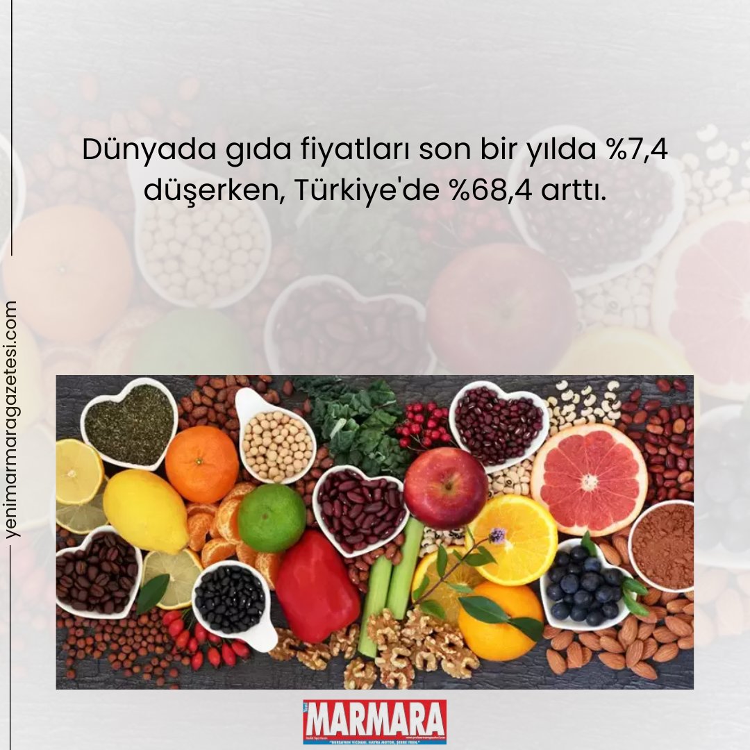 'Dünyada gıda fiyatları son bir yılda %7,4 düşerken, Türkiye'de %68,4 arttı. #GıdaFiyatları #Türkiye #FiyatArtışı' 🌍📈🍽️