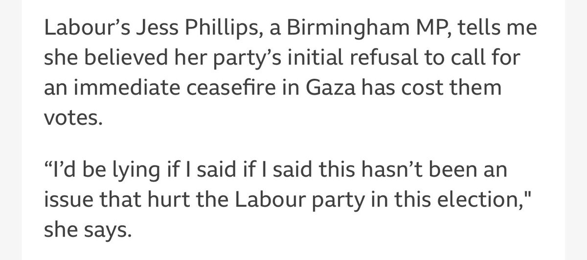 When Jess Phillips disagreed with Jeremy Corbyn's politics you couldn't keep her off the telly telling everyone for 4 years, she was all over the shop. She's apparently disagreed with Labours Gaza decision (albeit on personal electoral grounds) and has mentioned it all of twice.
