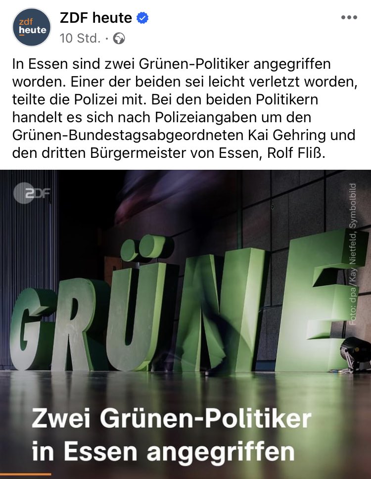 In Essen sind 2 Grünen-Politiker angegriffen worden.

Dass es sich bei den Angreifern um arabischstämmige Täter handelte, verschweigt das linksgrüne Propaganda-Organ @ZDFheute natürlich 😏

waz.de/staedte/essen/…