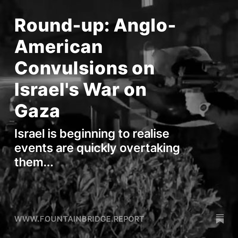 ⚡️Latest article out now; available here: fountainbridge.report/p/round-up

We are seeing the crystallisation of Israel’s utter failure in both its kinetic and information war on Gaza; expect more acts out of desperation.

#Israel #Gaza #FloatingPier #Bahrain #ICC