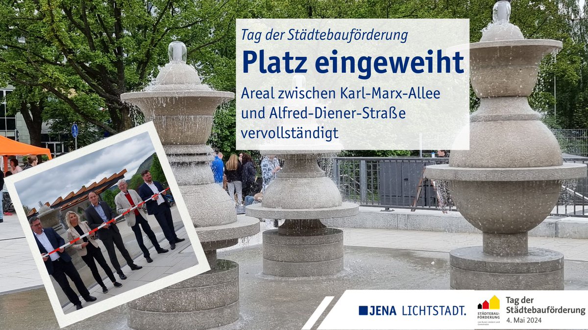 Am heutigen #TagDerStädtebauförderung wurde u.a. der ⛲  Brunnenplatz in Lobeda-West feierlich eröffnet. Mit der Freiraumgestaltung ist das Areal zwischen Karl-Marx-Allee und Alfred-Diener-Straße in Lobeda vervollständigt. 🤩 
👉 rathaus.jena.de/de/tag-der-sta…