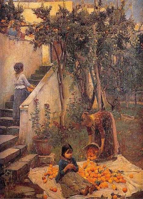 John William Waterhouse ( English Painter, 1849-1917): “Les cueilleurs d'oranges”.