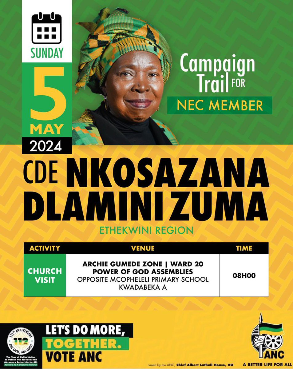 We will be in the eThekwini Region tomorrow morning, at Archie Gumede Zone, Ward 20, for the @MyANC church visit at Power of God Assemblies.

#LetsDoMoreTogether 
#VoteANC2024