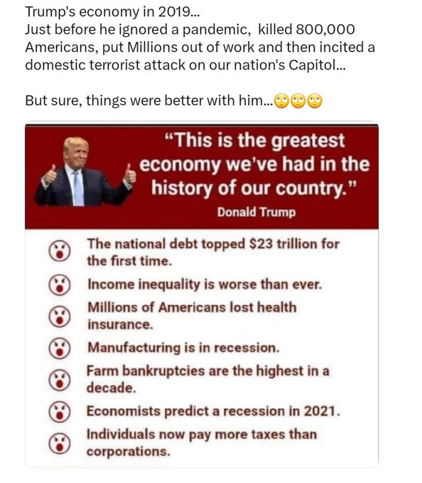 Donald J Trump: “This is the Greatest Economy We’ve had in the History of our Country!” Wrong! · The National Debt topped $23 Trillion for the first time! · Income Inequality was Worse than Ever! · Millions of Americans lost their Health Insurance! · Manufacturing was in…