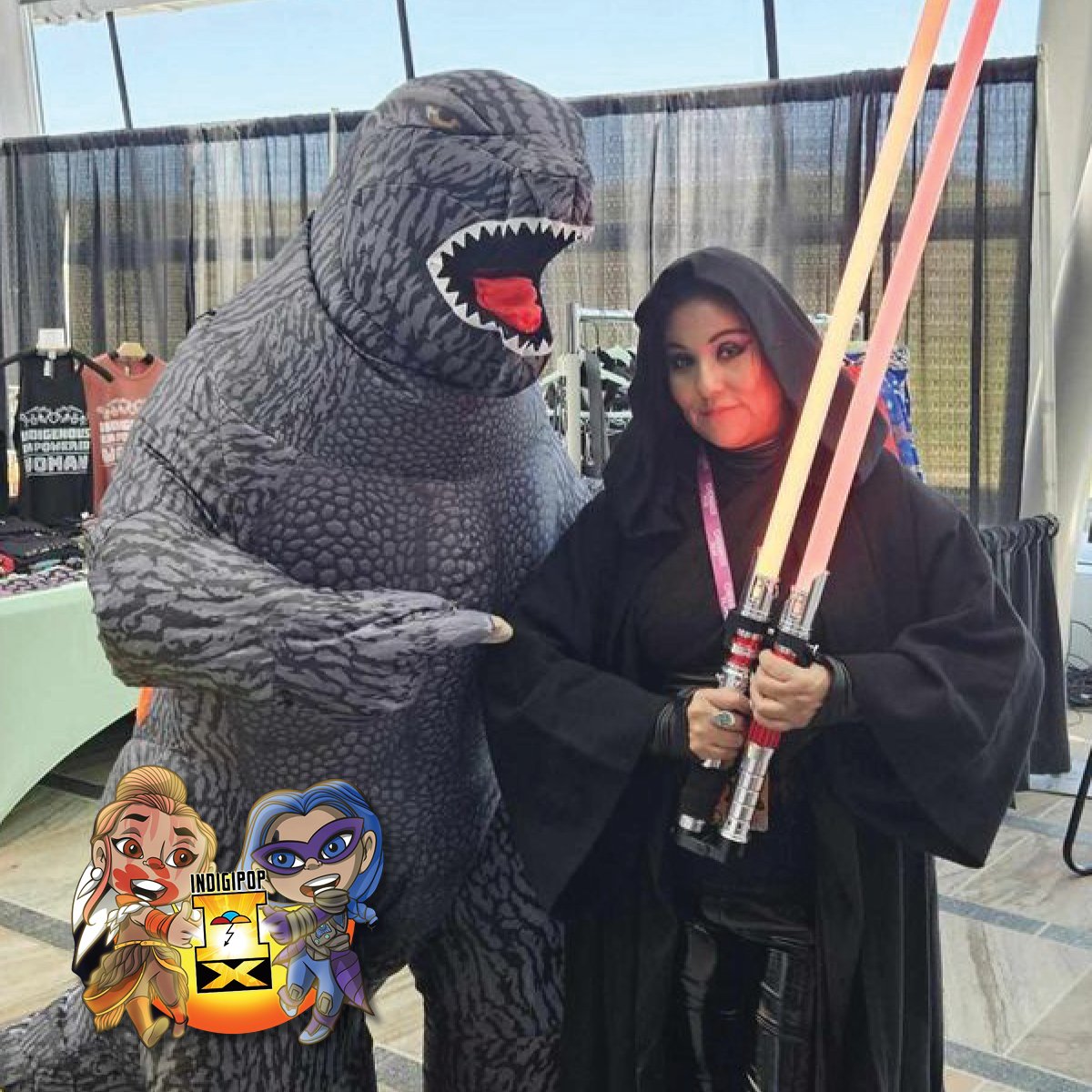 MAY THE FOURTH BE WITH YOU! Flash back w/ a Star Wars/Kaiju mashup #INDIGIPOPX2024 at @FAMokMuseum! Godzilla (mighty morphin cosplayer Don Roy) meets Sith Lord (Native Realities' own Kim Delfina Gleason) in the Artist Alley! Share your Star Wars cosplay photos in the comments!