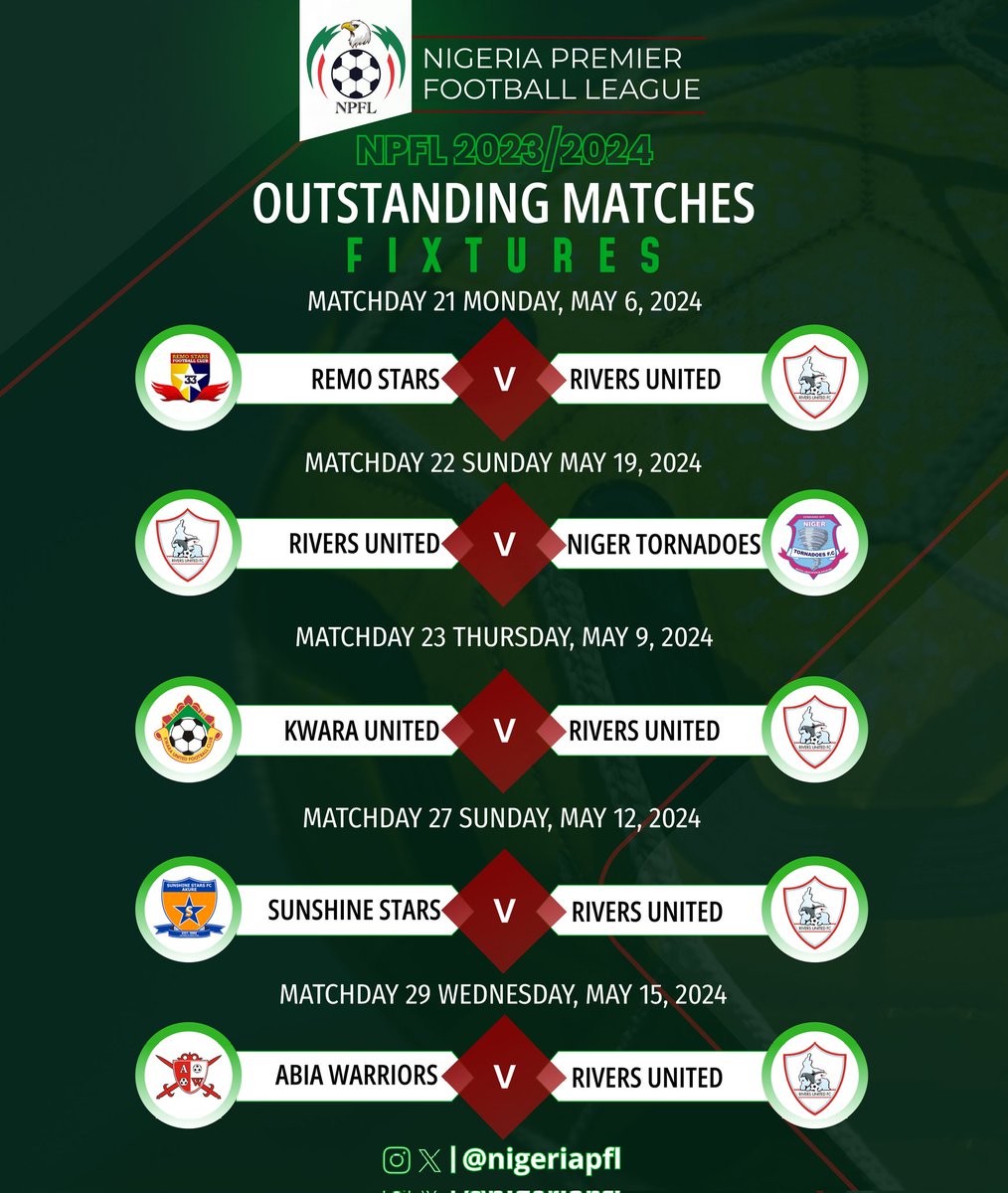 UPCOMING ⏳

#NPFL24 rearranged fixtures

#TheFinalStretch