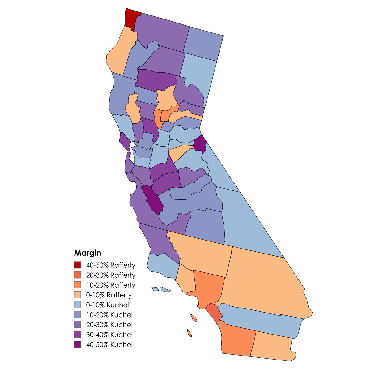 #ElectionTwitter Here's a map of the 1968 Republican primary for US Senate in California. Incumbent Senator Thomas Kuchel was viewed as being too liberal, and was narrowly defeated by state Superintendent of Public Instruction Max Rafferty.