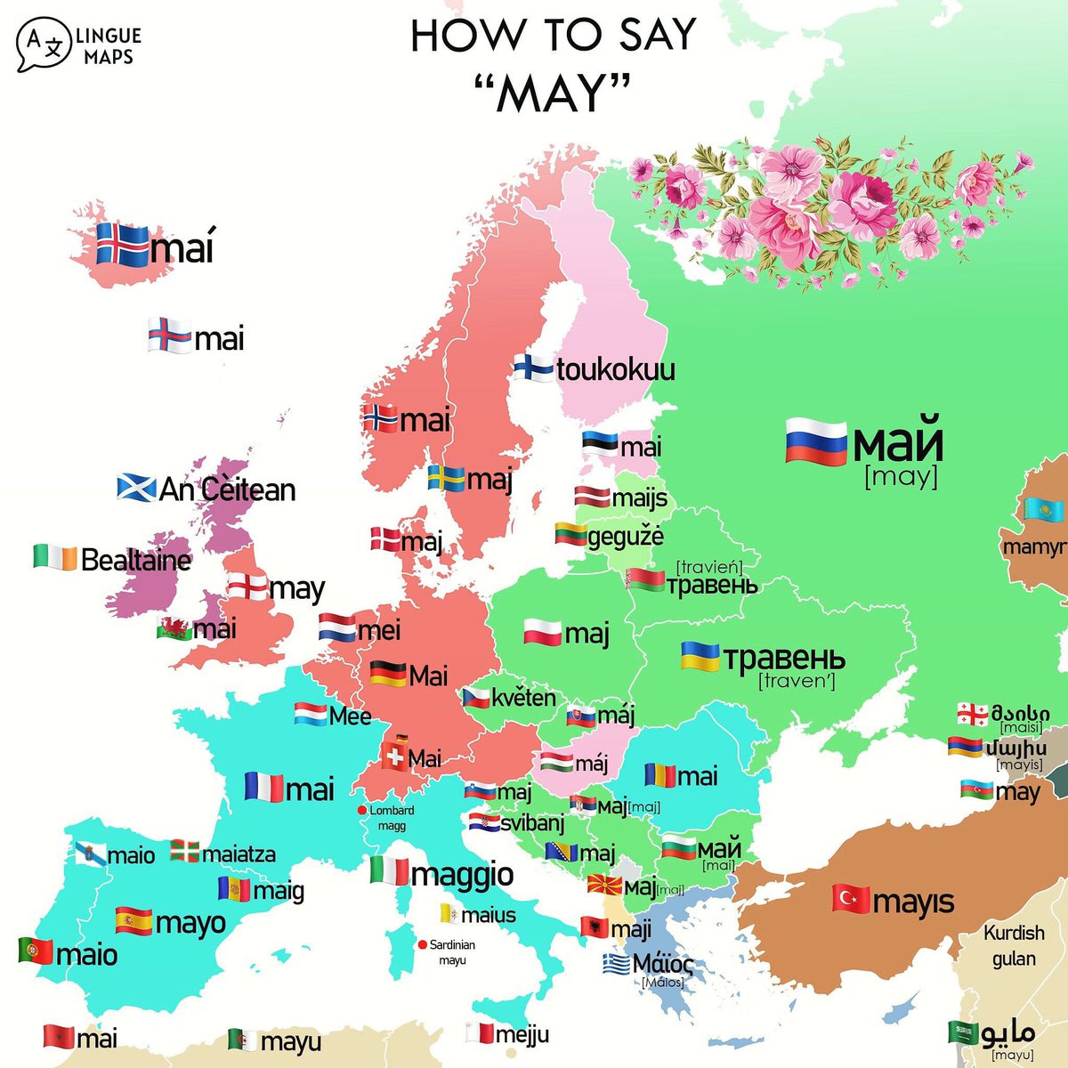 ❓How do you say „May” in your language? ➖ 🇫🇷 „Mai” dans les différentes langues. Comment le dites-vous dans votre langue ? ➖➖➖➖➖➖➖➖➖➖➖➖ 🌐 Source : @lingue.maps ➖➖➖➖➖➖➖➖➖➖➖➖ #langues #Europe #eu #may #spring #maj #języki #unia #union