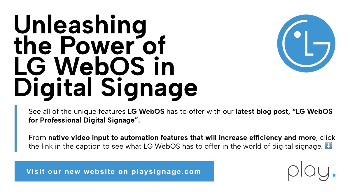 Explore the groundbreaking features of LG WebOS in our new blog post, 'LG WebOS for Professional Digital Signage'.  Click the link in the caption!

#LGWebOS #DigitalSignageSolutions #DigitalSignage
#PlayDigitalSignage

playsignage.com/blog/LG-WebOS-…