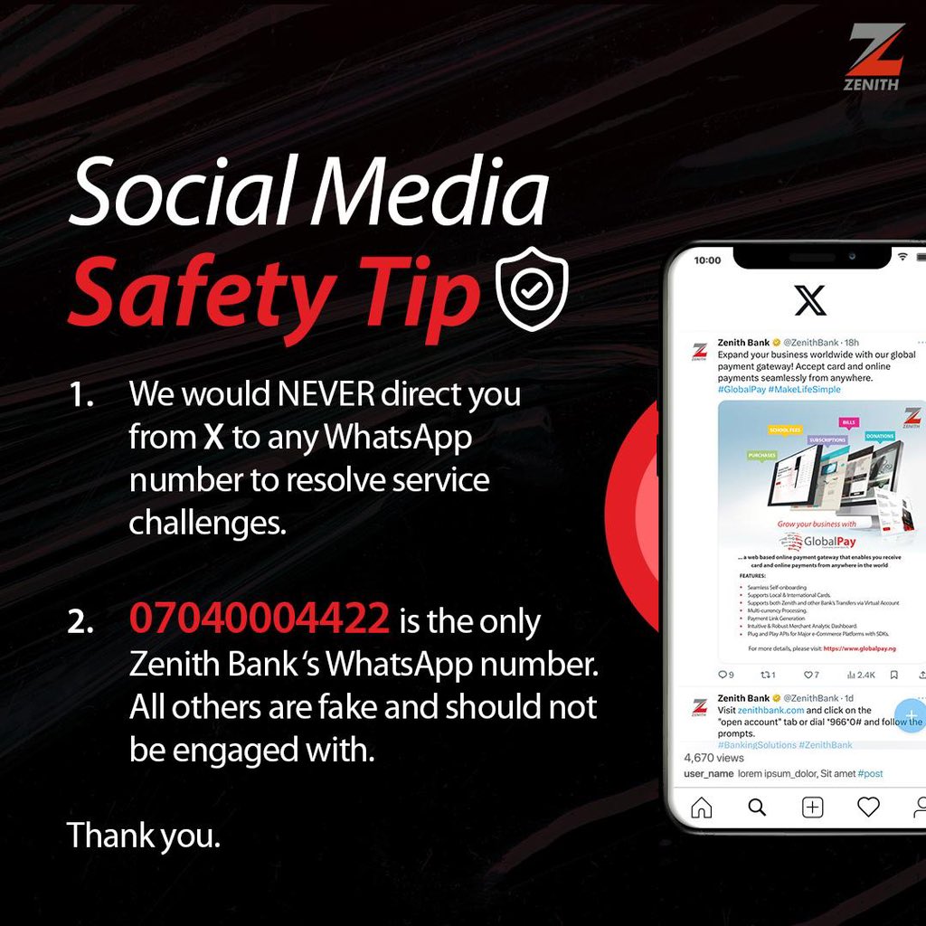 Keep your account safe from fraudsters. 

Protect your account from social media fraudsters by ONLY discussing transaction-related challenges via DM or with ZIVA on 07040004422 and not in the comment section of our posts. 

#FraudAwareness #ZenithBank