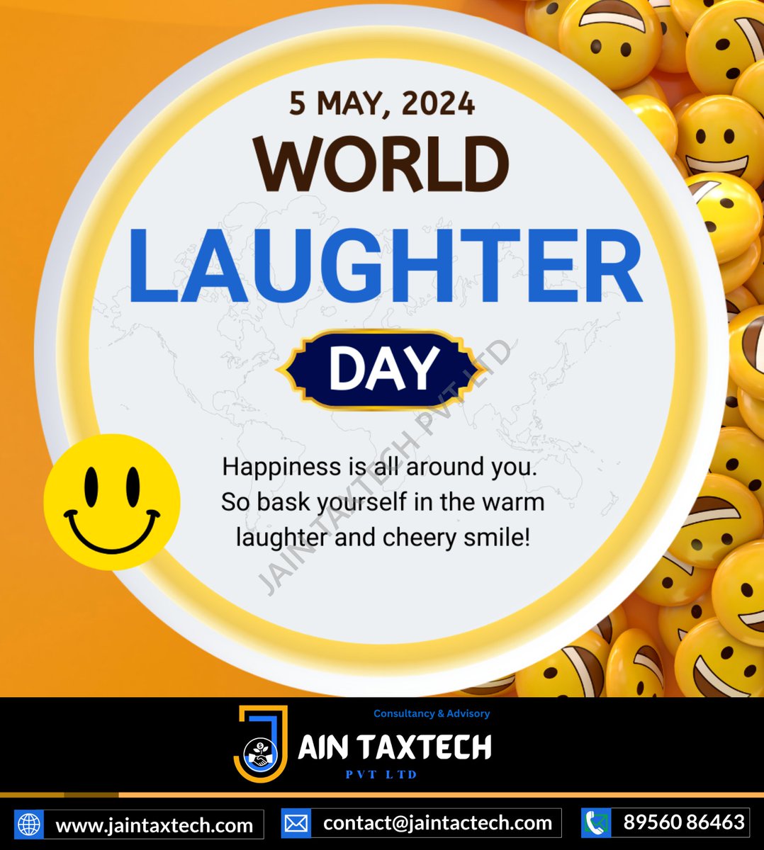 Laugh Out Loud: Celebrating World Laughter Day! 😄🌍 Spread Joy, Positivity, and Laughter Everywhere. Jain TaxTech Wishes You a Day Filled with Smiles!🎉😄 #WorldLaughterDay #SpreadJoy #JainTaxTech #TaxAdvisors #Bookkeeping #Auditing #BusinessTax #TaxSolutions #CPAfirm #GSTFiling