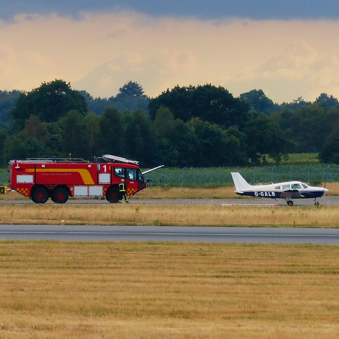 Happy International Firefighters' Day! Seen here is Piper PA-28-161 Cherokee Warrior II G-GALB being met by the  Doncaster Airport fire service 26.7.22. #firefighting #fireservice #arffs #airportfire #airportfirefighter #airportfireservice #firetraining #firetruck #fireengine
