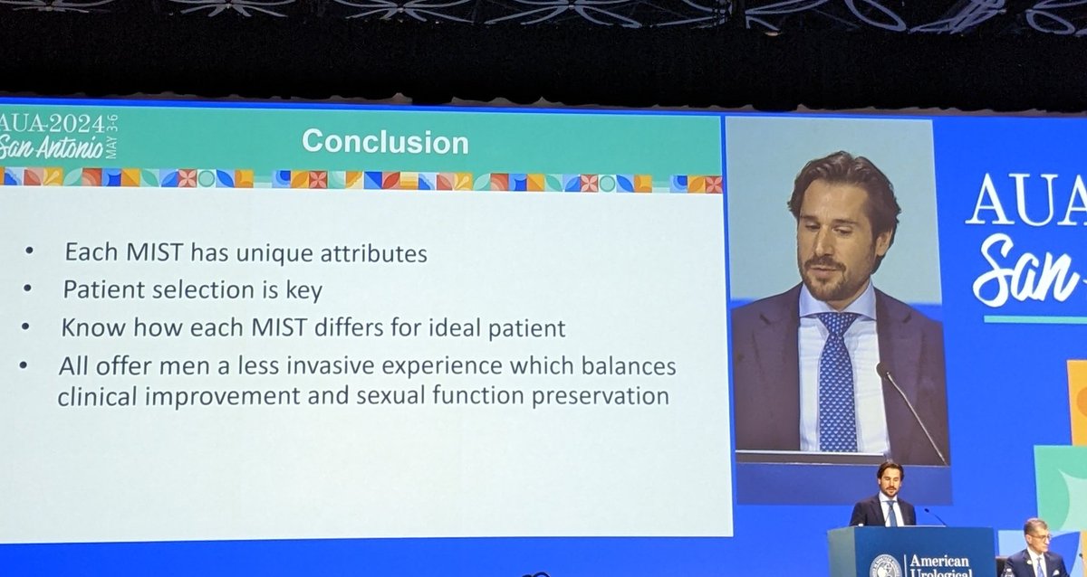 #AUA24 day 2. Time for a plenary session panel discussion about minimal invasive strategies to treat BPH. Currently on stage @DrDeanElterman, who discussed pros and cons of different MISTs, with a focus on patient selection