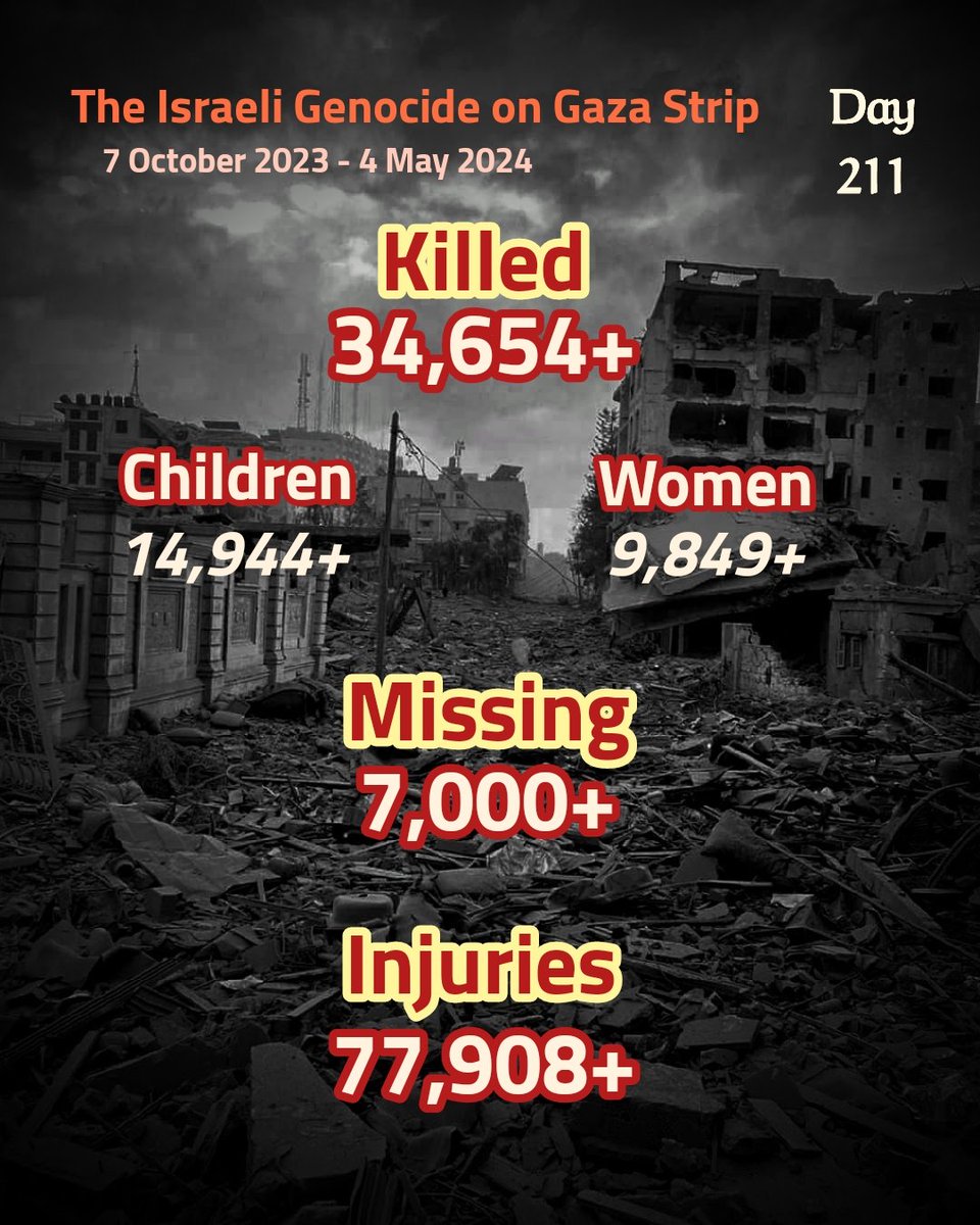 Day 211 of the ongoing Zionist Genocide in #Gaza

Over 70% of the Palestinians #Israel killed in Gaza are children and women.

They are NOT NUMBERS

#IsraelTerrorism #CeasefireNOW