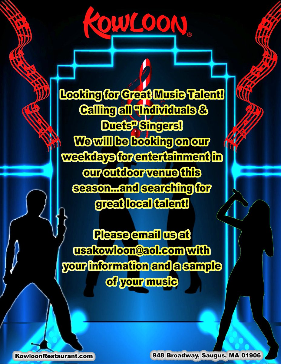 Looking for Great Music Talent! Calling all 'Individuals & Duets' Singers! We will be booking on our weekdays for entertainment in our outdoor venue this season. Please email usakowloon@aol.com with your information and a sample of your music. #KowloonRestaurant #KowloonOutdoor