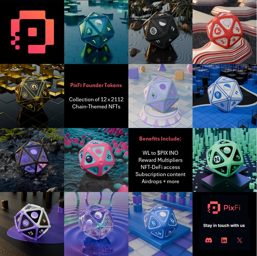 🚨🚨PixFi Founder's Token Collection🚨🚨 Recapping the last 3 weeks of reveals here are all 12 chains. There are 2,1112 unique dice (random rolls) for each of the 12 chain themes.