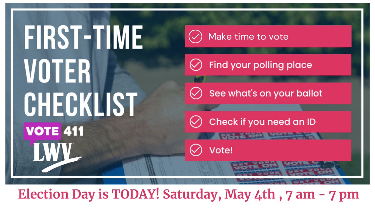 First-time voter? It’s easy to vote. Polls are open until 7 pm. Find your polling location, candidate info and more at VOTE411.org. #VOTE411 #LWVD #LWV #Vote #Matters #YourVote #People #Power #ElectionDay