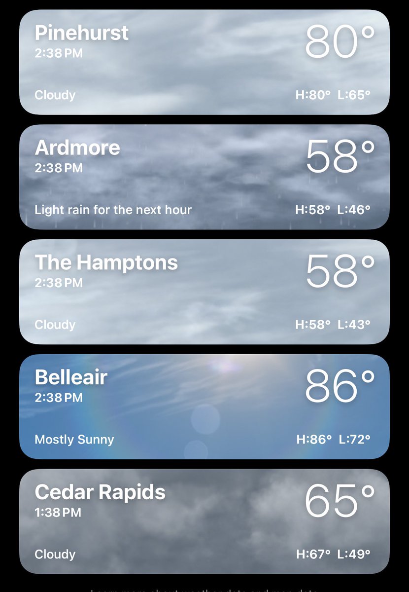 Checked my weather app today. Here are my saved locations which I rarely add or delete from on the app. Some decent golf in these areas.