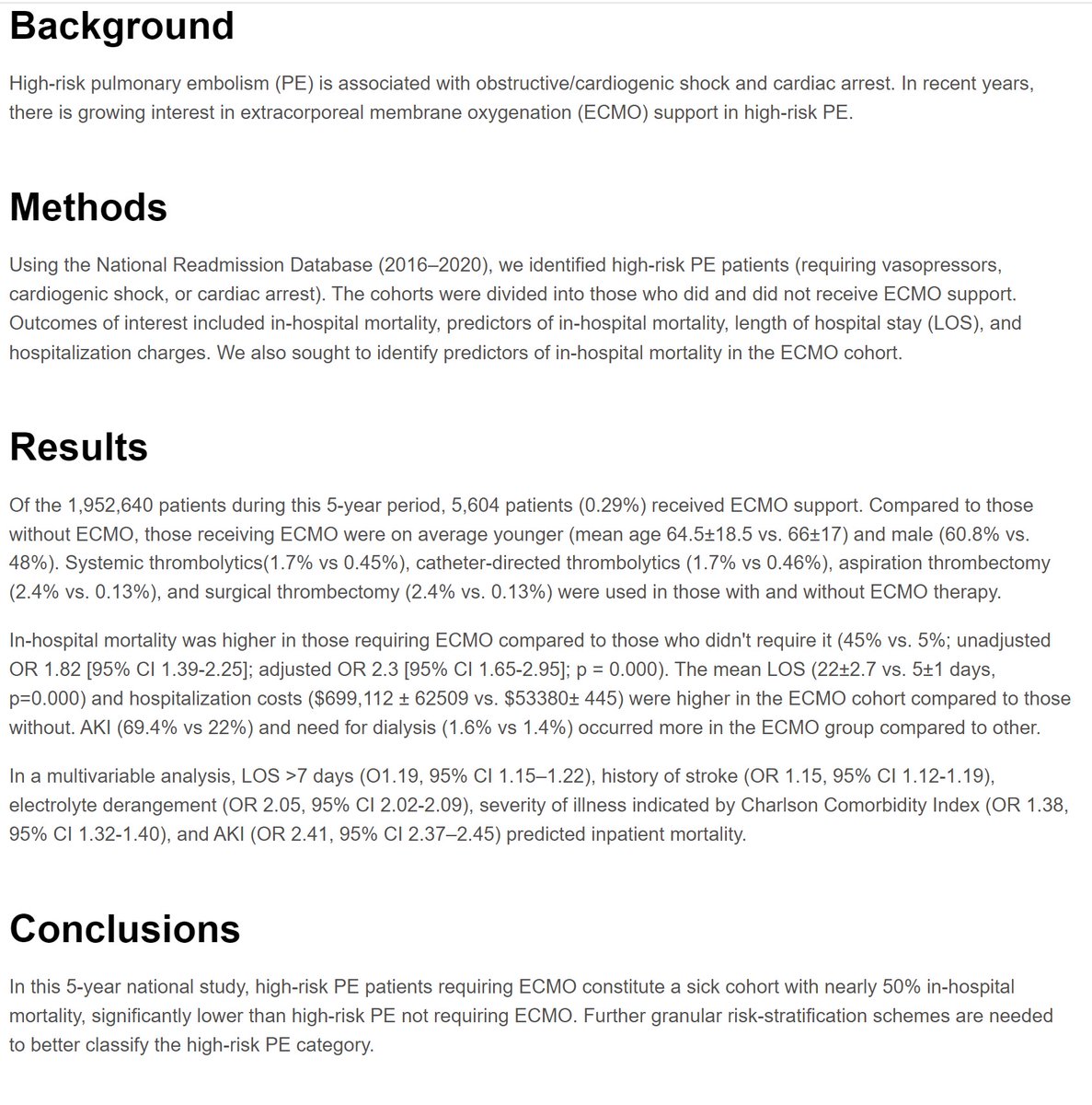 🔖Pulmonary Embolism Featured Abstract Poster at #SCAI2024:

💡In-Hospital Outcomes of Extra-Corporeal Membrane Oxygenation Use in High-Risk #PulmonaryEmbolism: A National Readmission Database Analysis (2016-2020) #PE

➡️doi.org/10.1016/j.jsca…

@PrakashUpretiMD  @DrBAIMS