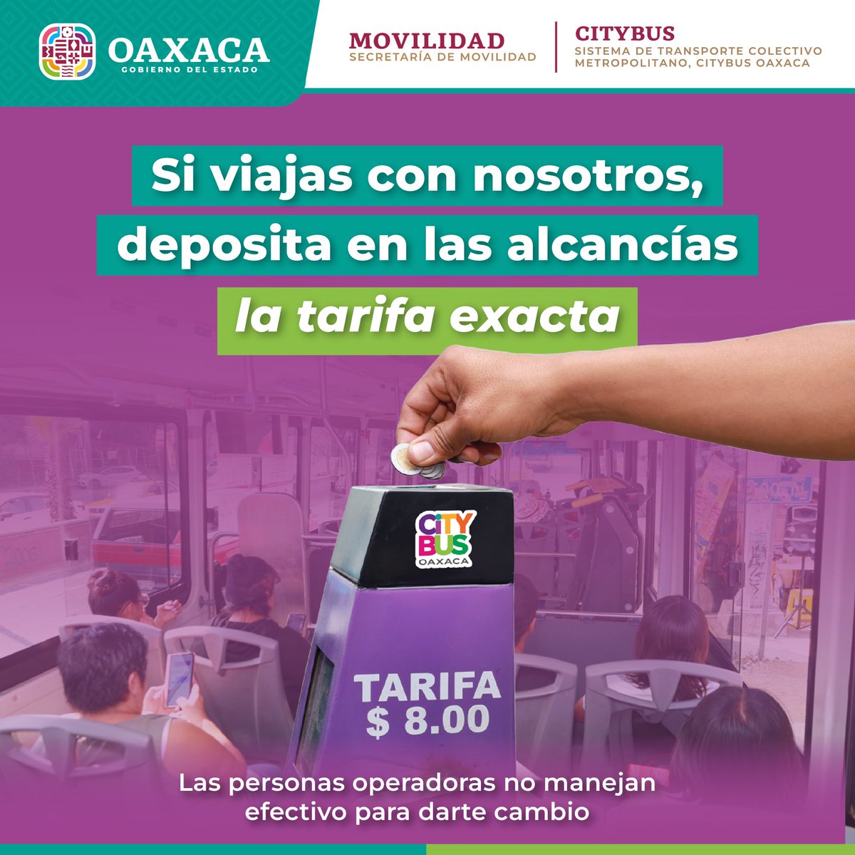 La tarifa oficial del @Citybus_GobOax, es de 8 pesos y deberás depositarlos en las alcancías de nuestras unidades. #VámonosEnCityBus