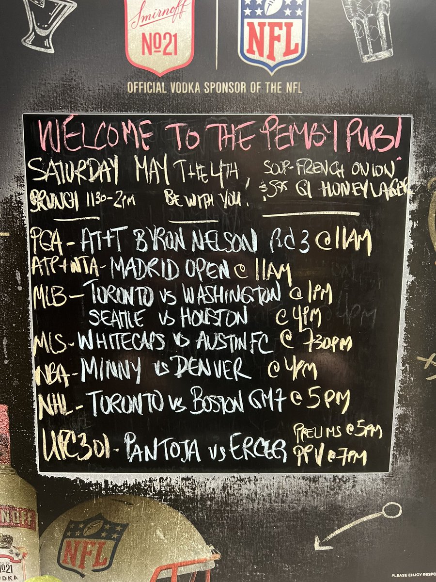 The Pemby opens at 11:30am today.  We serve brunch til 2pm. Join us for @PGATOUR #MadridOpen tennis @MLB with @BlueJays at 1pm #NBAPlayoffs at 4pm #StanleyCupPlayoffs GM 7 @MapleLeafs vs @NHLBruins 5pm #UFC301 prelims at 5 PPV at 7pm #pembypub #NorthVan #yourteamplaysatthepemby