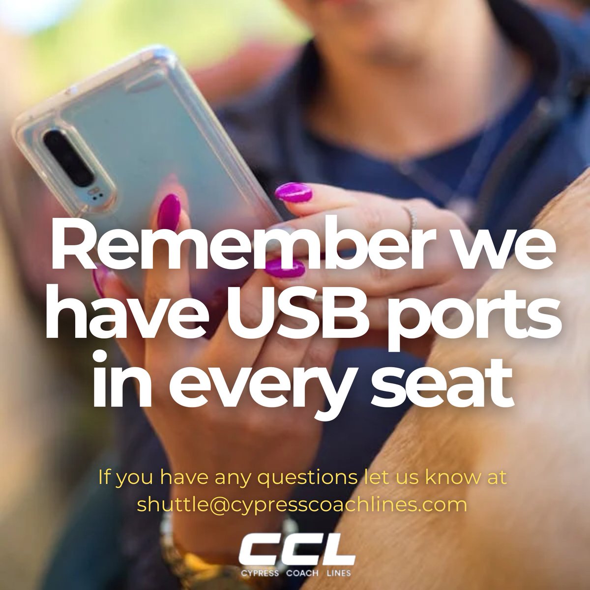 Tired of your devices dying on the road? Fear not! 🚌🔌Hop on our #CypressCoachLines buses and plug into our USB ports in every seat for a fully charged ride!

BOOK ONLINE TODAY! bit.ly/3Inqoyw

#bus #bustrip #vancouver #travelsafe #nature #tourism #vancouvertourism