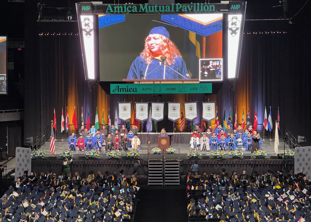 PVD undergraduate speaker, Kristina Veszeleiova, reads a note to her younger self aloud: 'We know you want to live a life powered by purpose where every day is a new opportunity to improve and grow. Guess what? You will experience this at Johnson & Wales University.' #JWU24