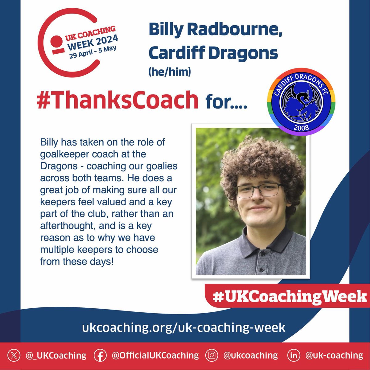 It’s #UKCoachingWeek and we’re celebrating some of the fantastic coaches who support LGBTQ+ community sport in England & Wales Next up is Billy Radbourne from @cardiffdragons 🙌🏳️‍🌈🏳️‍⚧️ #ThanksCoach