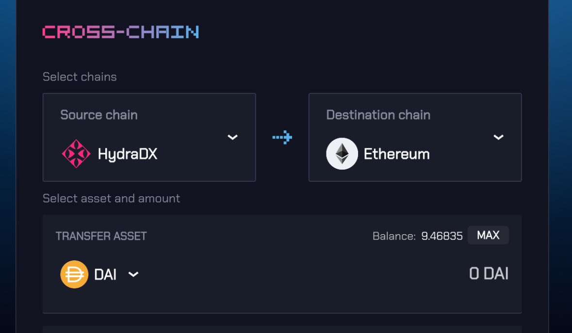 1-click bridging between @hydra_dx and Ethereum is just around the corner Also support for bring your own gas for MetaMask users (pay fees in any asset)