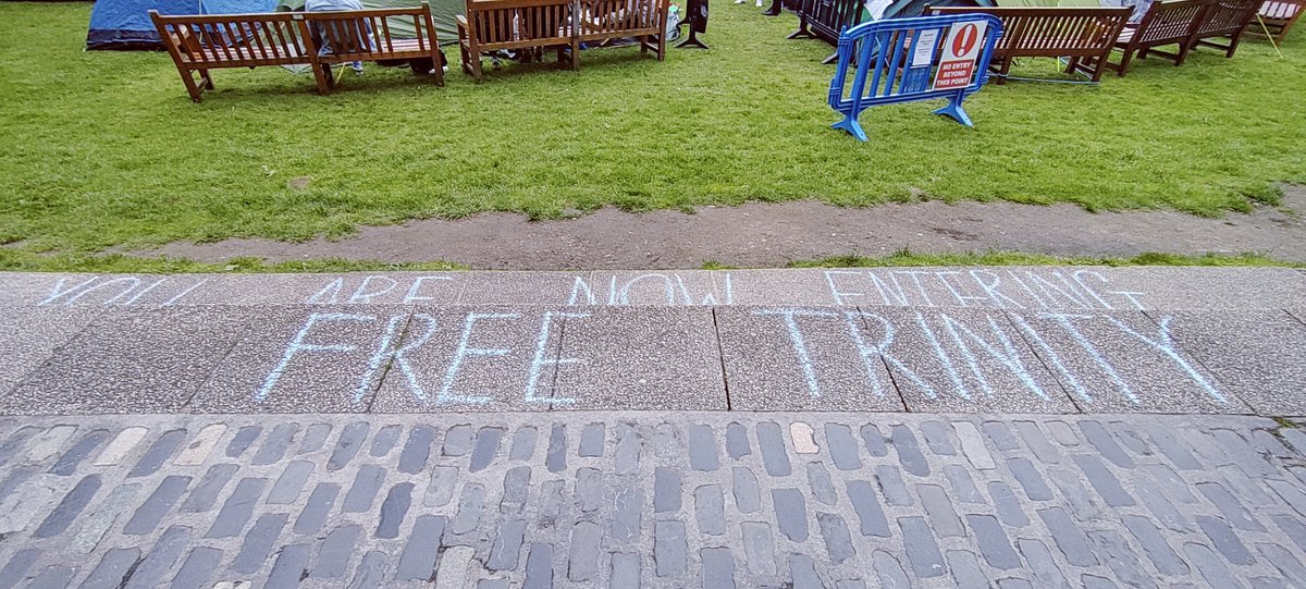 At the Trinity encampment now. A beautiful peaceful evening, workshops on solidarity and Palestine are just finishing and food is being brought in. So much respect for the students -their organisational ability as well as their moral leadership