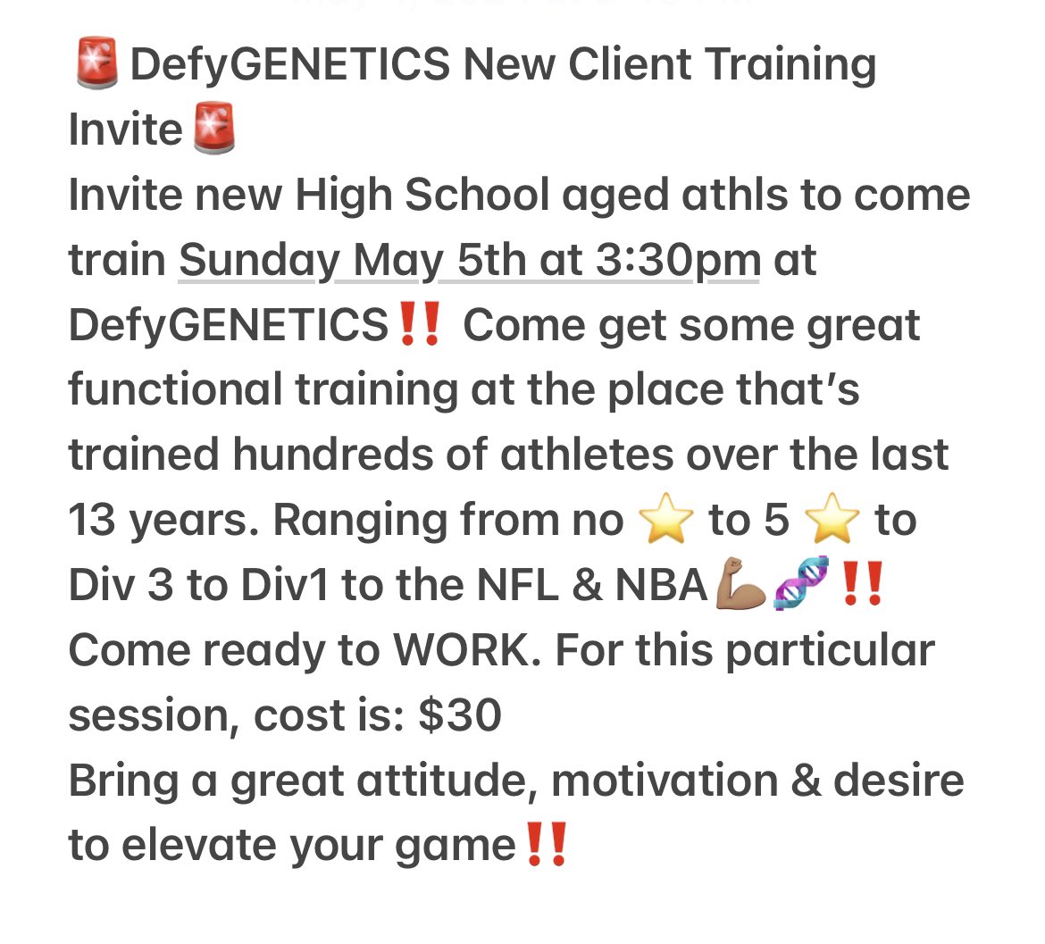 🚨DefyGENETICS New Client Training Invite🚨 Invite new High School aged athls to come train Sunday May 5th at 3:30pm at DefyGENETICS‼️ DefyGENETICS 407 East Ellerslie Ave Colonial Heights, Va