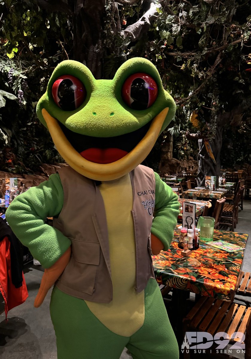 🐸 Dinner at Rainforest Cafe and joined by a special guest! 🐸 🐸 What are your favourite dishes here? 🐸