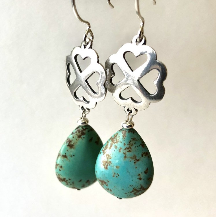 Turquoise and Sterling Silver Clover Dangle Earrings Jewelry Gift for Woman tuppu.net/26486e4 #Etsy #artisanjewelry #handmadeinUSA #CapitalCityCrafts #giftideas #TurquoiseAndSilver