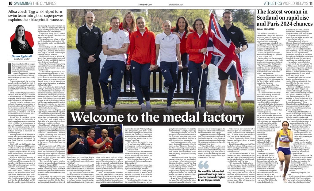 Fantastic feature in the @heraldscotland today citing the University as a 'medal factory' within the swimming world, paying thanks to our very own Head Performance Coach, Steven Tigg. Pic featuring our swimmers that are preparing for #Paris2024 @ScottishSwim @britishswimming