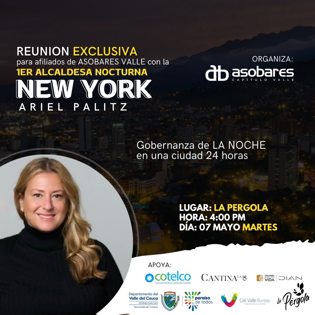 Este martes 7 de mayo se encuentran en Cali la 1ra Alcaldesa nocturna de New York, Ariel Palitiz con la <a href="/GobValle/">Gobernación Valle del Cauca</a> <a href="/DilianFrancisca/">Dilian Francisca T.</a> ; <a href="/MabelLaraNews/">Mábel Lara</a> <a href="/ArielPalitz/">Ariel Palitz</a> <a href="/branyprado/">Brany Prado</a> <a href="/Acodrespacifico/">Acodrés Regional Pacífico y la Amazonía</a>